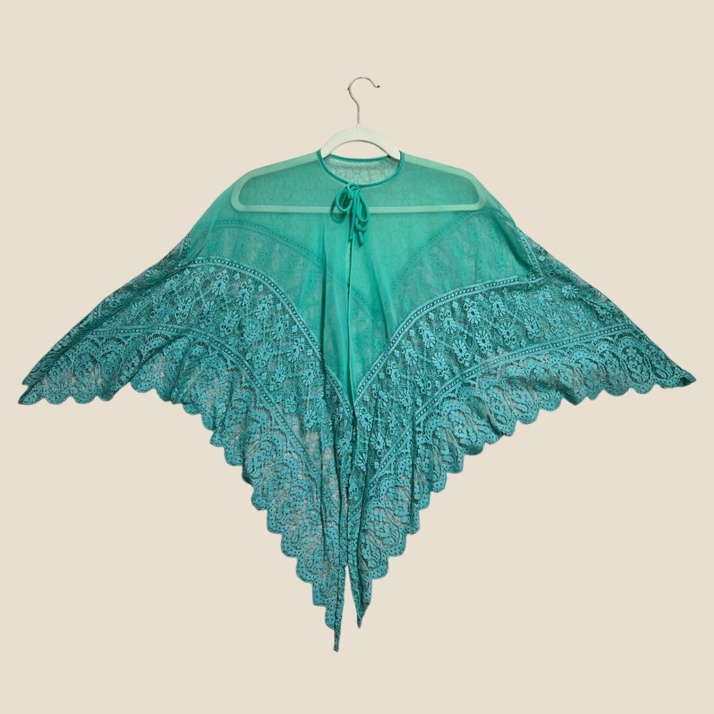 Vintage 1970s Capelet Lace Boho Chiffon Teal Green Sheer Layering Piece O/S